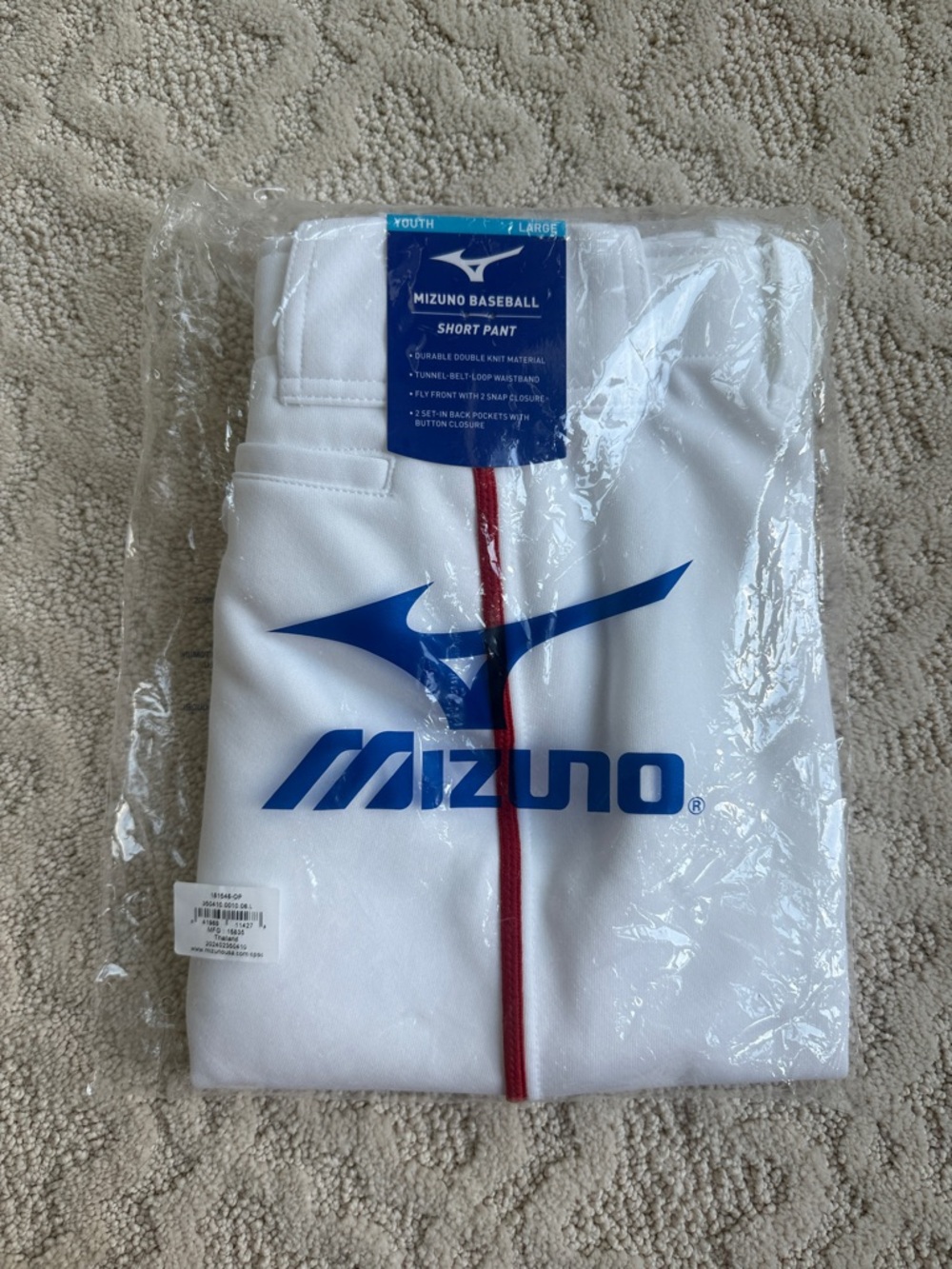 Mizuno White Baseball Shorts with Red Piping and Blue Logo
